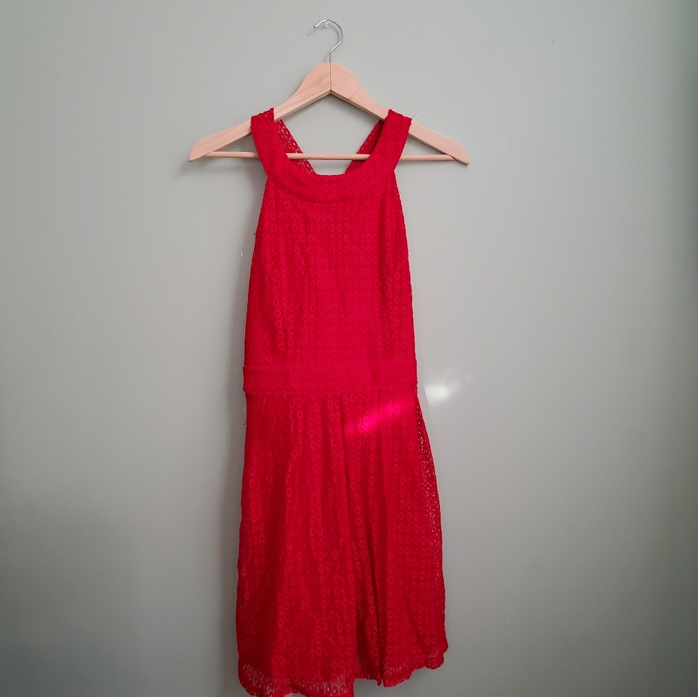 Red Lace Halter Dress with Bow
